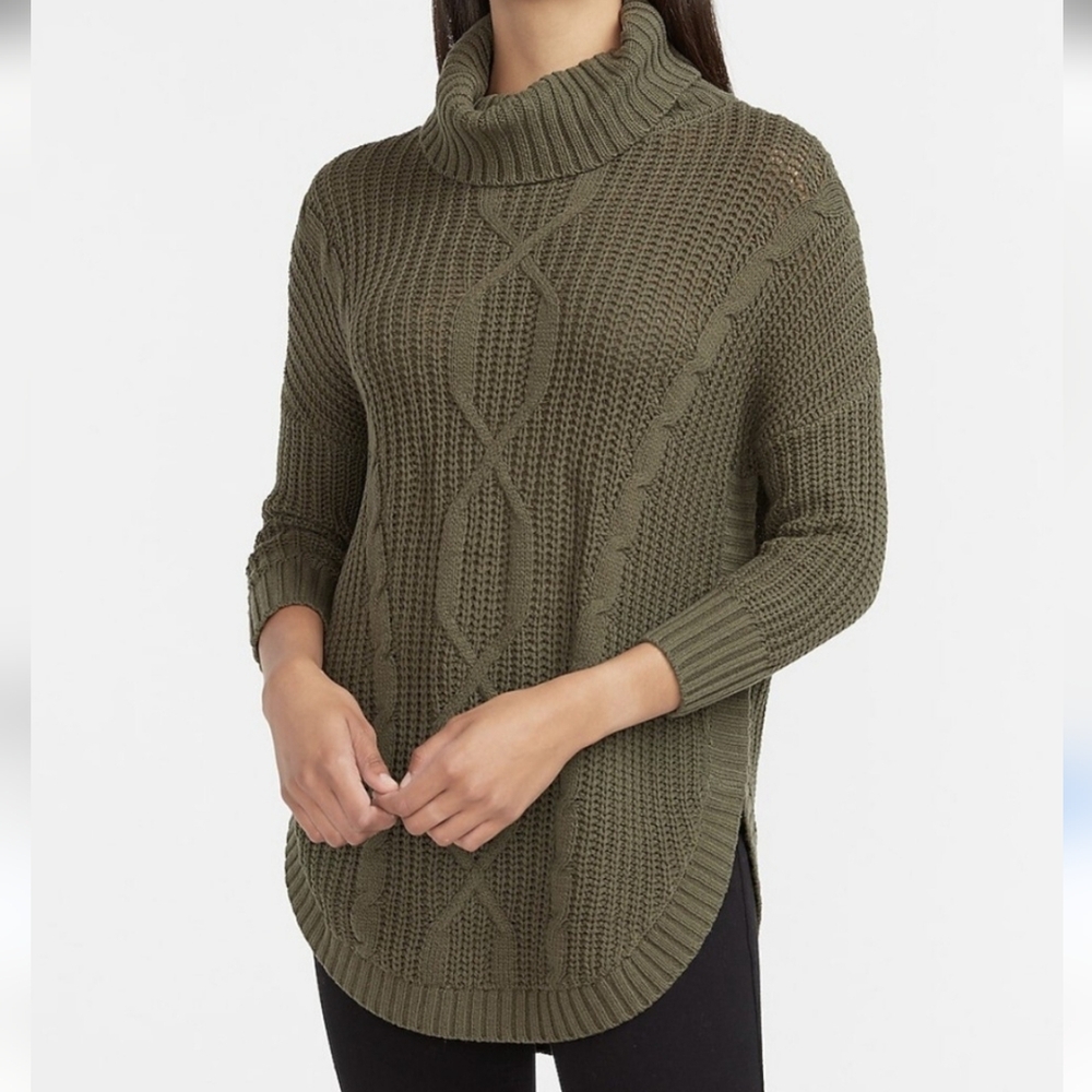 Express Olive Green Cable Knit Turtleneck Sweater 3/4 Sleeve
